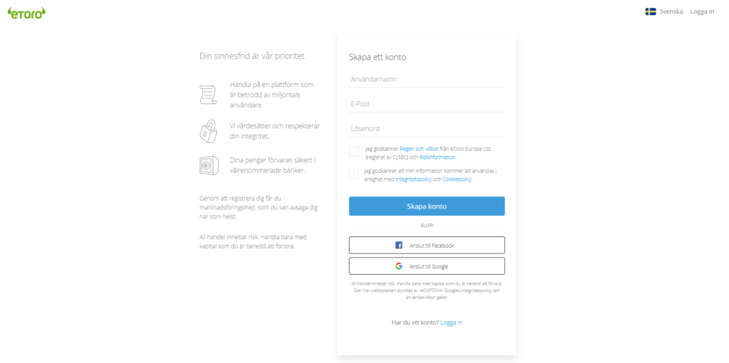 Det är enkelt att registrera sig på eToro. Snart efter man fullföljt registreringen kan man göra sitt första köp av Ethereum med Paypal.