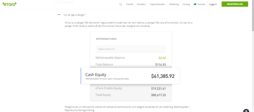 Det är lika enkelt att ta ut de pengar man satt in på eToro för att köpa Bitcoin. Som att ta ut dem till sitt konto hos Swedbank igen.