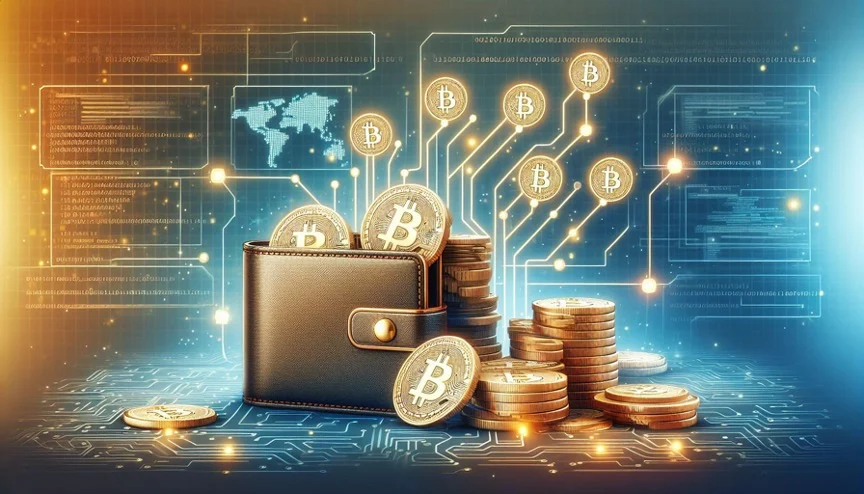 Mynt föreställande Bitcoin väller över en plånbok mot en digital bakgrund.