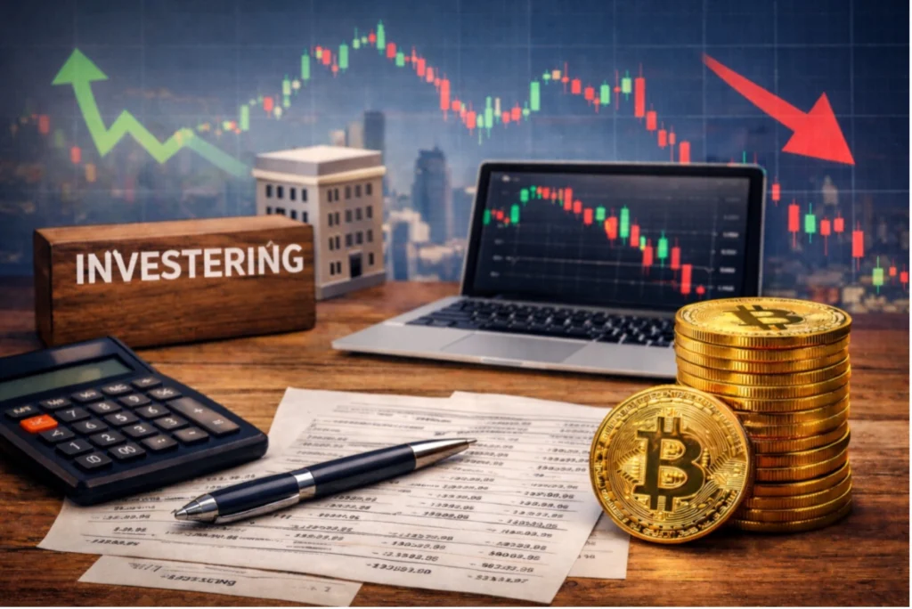 Bitcoinmynt, kalkylator och laptop med kursgraf som illustrerar företagslån och investering i bitcoin.