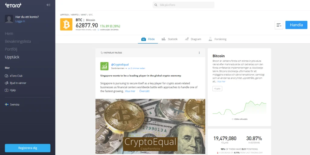 På eToro kan man sköta hela sin portfölj. Både gällande kryptovalutor och aktier.