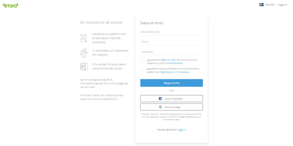 Det är enkelt att registrera sig på eToro. Snart efter man fullföljt registreringen kan man göra sitt första köp av Ethereum med Paypal.